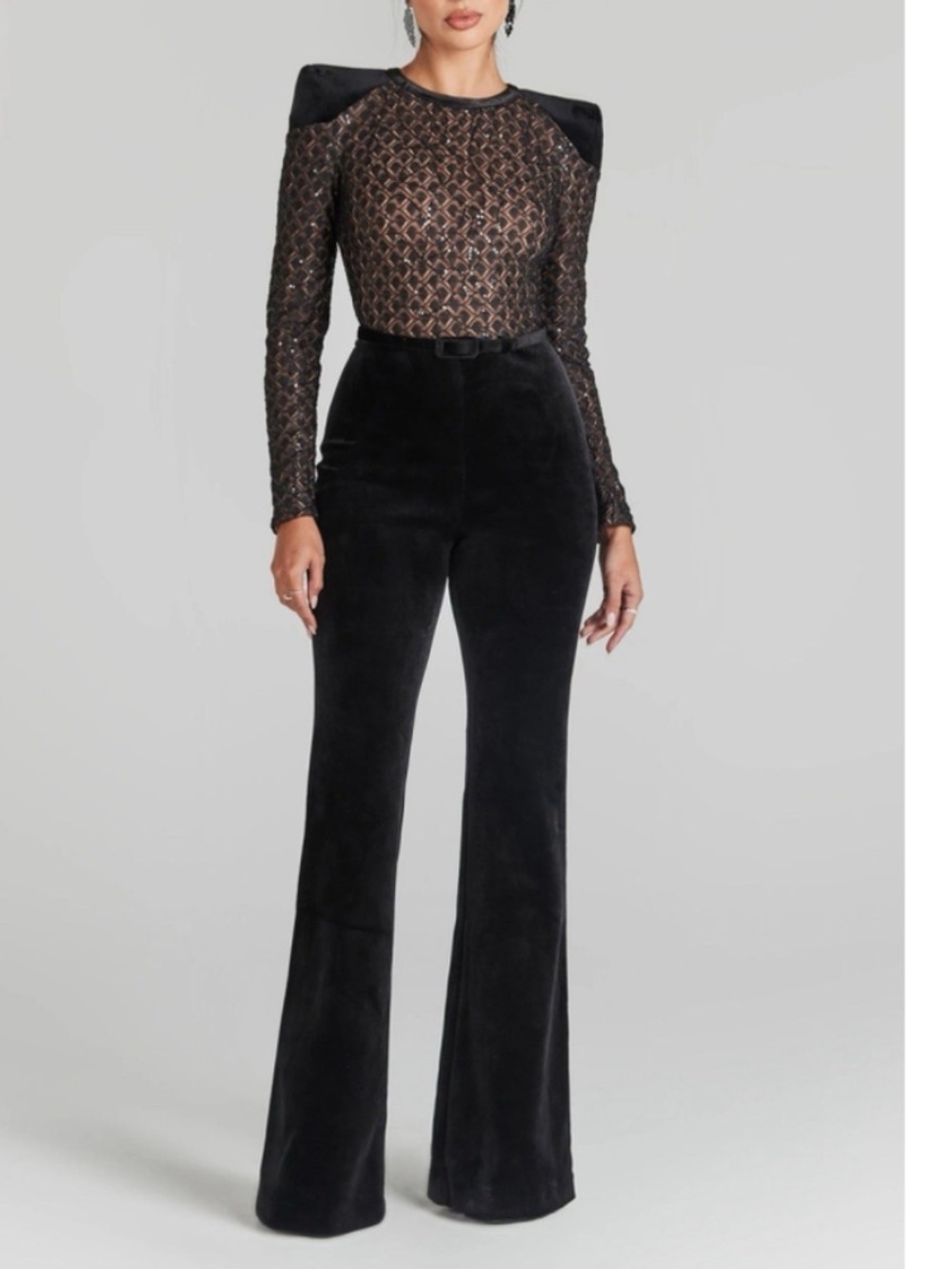 New Nadine Merabi Amanda Velvet Sequin Lace Jumpsuit Black Sz 12